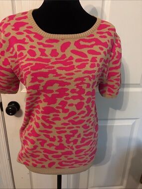 Women’s Pink & Tan Crewneck Short-Sleeve Sweater Animal Print Medium